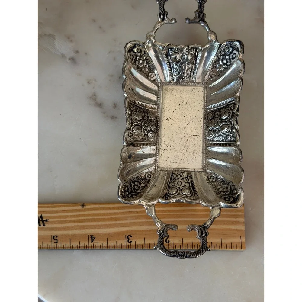 Two's Company Trinket Tray Small Silver Floral Repousse Footed Scrolled Handle